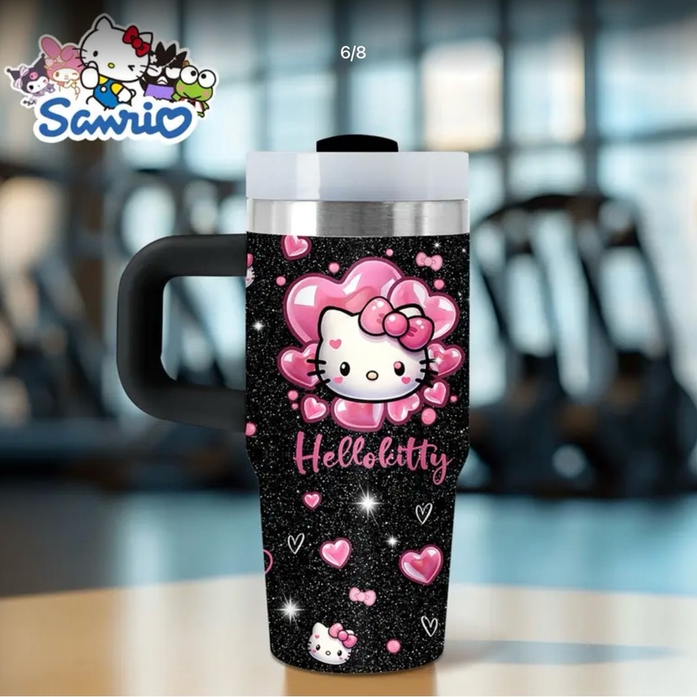 New, Hello Kitty Stainless Steel, Black Mug with straw.